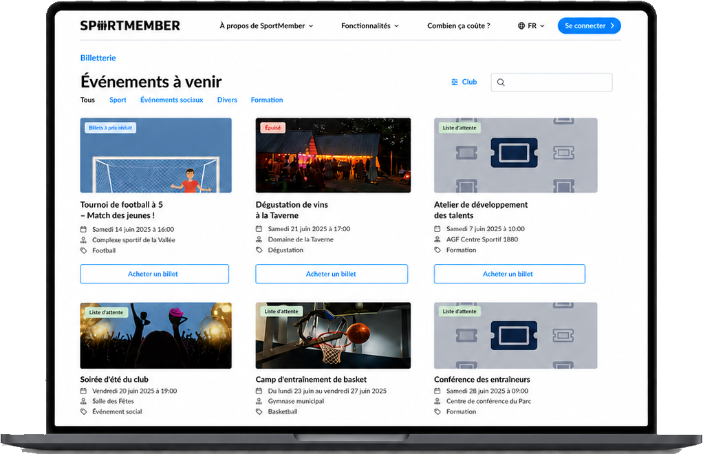 Les événements à venir du club sur une page publique SportMember